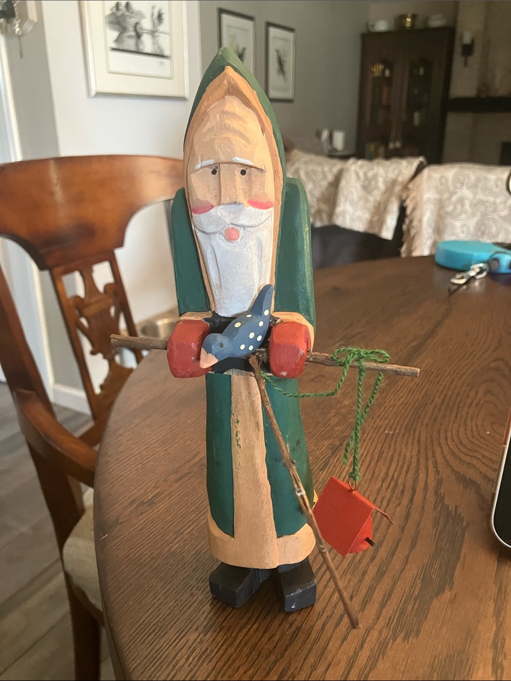 Hand-Carved Green Folk Art Santa Figurine